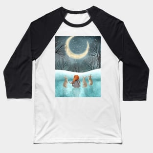 Nordic she gnome and rabbits in the snow, night forest watercolor illustration. Moonlight winter enchanted forest. Baseball T-Shirt